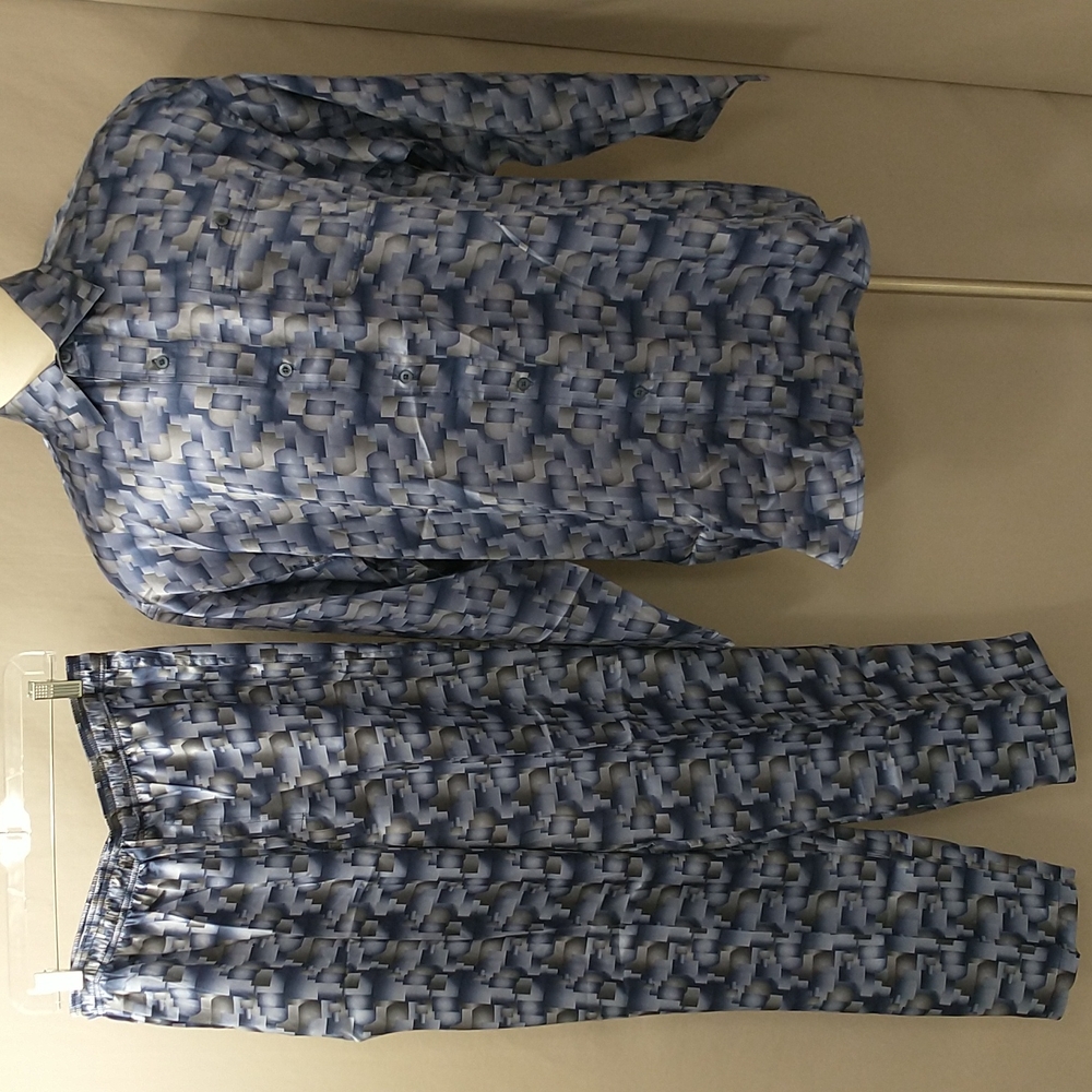 NWOT Silk Pajamas Mod Print Blue Gray M Sleep Pants Lg Long Shirt Top  Washable
